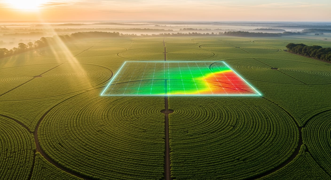 Paisagem rural brasileira ao amanhecer dourado, com campo e vegetação